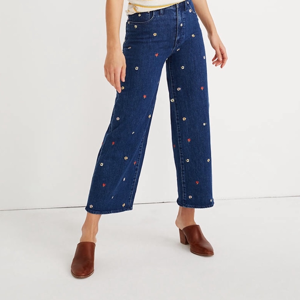 Wide-Leg Crop Jeans: Confetti Floral Embroidered